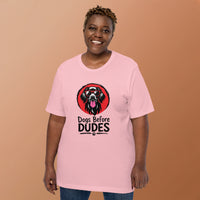Unisex staple t-shirt showing dogs before dudes graphic, Pink, front view