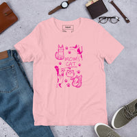 Retro neon Mow CatT cat graphic, printed on a pink t-shirt, front view