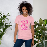 Retro neon Mow CatT cat graphic, printed on a pink t-shirt, front view