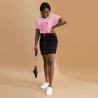 Retro neon Mow CatT cat graphic, printed on a pink t-shirt, front view