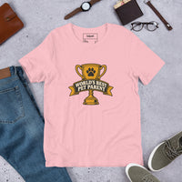 Professional pet servant graphic with a dog, printed on a pink t-shirt, front view