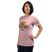 Professional pet servant graphic with a dog, printed on a pink t-shirt, front view