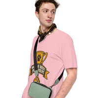 Professional pet servant graphic with a dog, printed on a pink t-shirt, front view