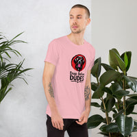 Unisex staple t-shirt showing dogs before dudes graphic, Pink, right view
