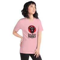 Unisex staple t-shirt showing dogs before dudes graphic, Pink, right view