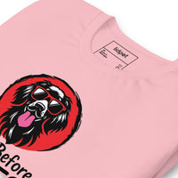 Unisex staple t-shirt showing dogs before dudes graphic, Pink, zoomed in view