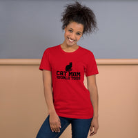 Cat mom world tour graphic featuring a cat, printed on a red t-shirt, front view