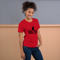 Cat mom world tour graphic featuring a cat, printed on a red t-shirt, front view