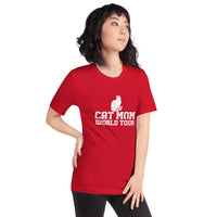 Cat mom world tour graphic featuring a cat, printed on a red t-shirt, front view