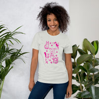 Retro neon Mow CatT cat graphic, printed on a light t-shirt, front view