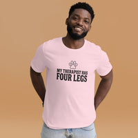 Four-legged therapist graphic featuring a dog, printed on a pink t-shirt, front view