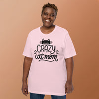 Crazy cat mom graphic featuring a cat, printed on a pink t-shirt, front view