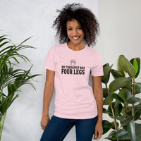 Four-legged therapist graphic featuring a dog, printed on a pink t-shirt, front view