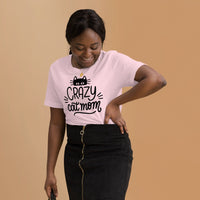 Crazy cat mom graphic featuring a cat, printed on a pink t-shirt, front view