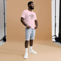 My favorite child has 4 legs graphic featuring a pet, printed on a pink t-shirt, front view