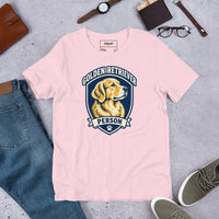 Unisex staple t-shirt showing golden retriever breed badge graphic, Soft Pink, front view