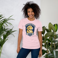 Unisex staple t-shirt showing golden retriever breed badge graphic, Soft Pink, front view