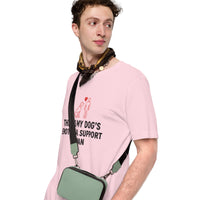 Emotional support human graphic featuring a dog and person, printed on a pink t-shirt, front view
