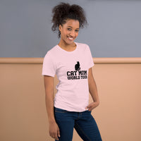 Cat mom world tour graphic featuring a cat, printed on a pink t-shirt, front view
