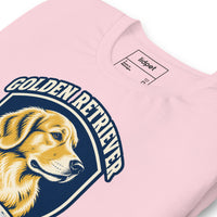 Unisex staple t-shirt showing golden retriever breed badge graphic, Soft Pink, front view