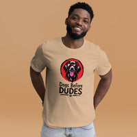 Unisex staple t-shirt showing dogs before dudes graphic, Tan, front view