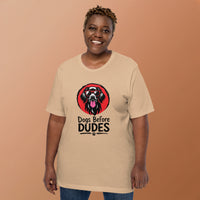 Unisex staple t-shirt showing dogs before dudes graphic, Tan, front view