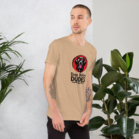 Unisex staple t-shirt showing dogs before dudes graphic, Tan, right view