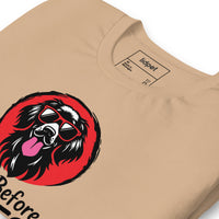 Unisex staple t-shirt showing dogs before dudes graphic, Tan, zoomed in view