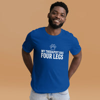 Four-legged therapist graphic featuring a dog, printed on a light t-shirt, front view