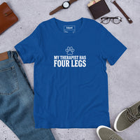 Four-legged therapist graphic featuring a dog, printed on a light t-shirt, front view