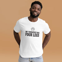 Four-legged therapist graphic featuring a dog, printed on a white t-shirt, front view