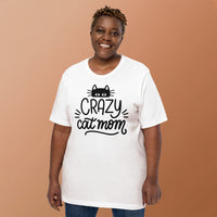 Crazy cat mom graphic featuring a cat, printed on a white t-shirt, front view