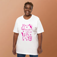 Retro neon Mow CatT cat graphic, printed on a white t-shirt, front view
