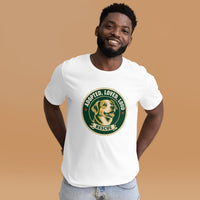 Unisex staple t-shirt showing adopted loved loud rescue dog graphic, White, front view
