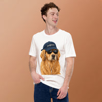 Unisex staple t-shirt showing golden retriever with sunglasses graphic, White, front view