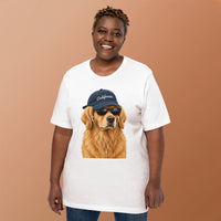 Unisex staple t-shirt showing golden retriever with sunglasses graphic, White, front view
