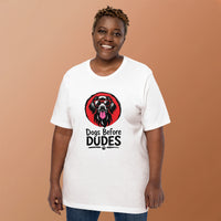 Unisex staple t-shirt showing dogs before dudes graphic, White, front view