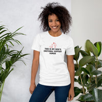 Emotional support human graphic featuring a dog and person, printed on a white t-shirt, front view