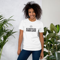 Four-legged therapist graphic featuring a dog, printed on a white t-shirt, front view