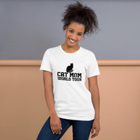 Cat mom world tour graphic featuring a cat, printed on a white t-shirt, front view