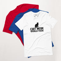 Cat mom world tour graphic featuring a cat, printed on a white t-shirt, front view