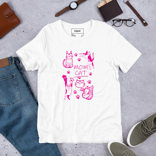 Retro neon Mow CatT cat graphic, printed on a white t-shirt, front view