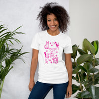 Retro neon Mow CatT cat graphic, printed on a white t-shirt, front view