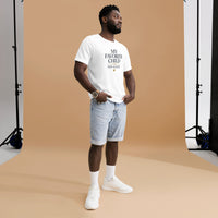 My favorite child has 4 legs graphic featuring a pet, printed on a white t-shirt, front view