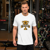 Professional pet servant graphic with a dog, printed on a white t-shirt, front view