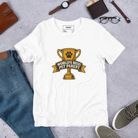 Professional pet servant graphic with a dog, printed on a white t-shirt, front view