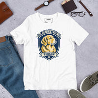 Unisex staple t-shirt showing golden retriever breed badge graphic, White, front view