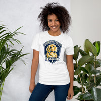 Unisex staple t-shirt showing golden retriever breed badge graphic, White, front view