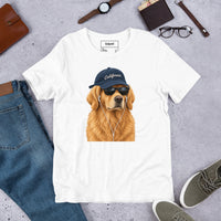 Unisex staple t-shirt showing golden retriever with sunglasses graphic, White, front view