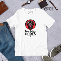 Unisex staple t-shirt showing dogs before dudes graphic, White, front view